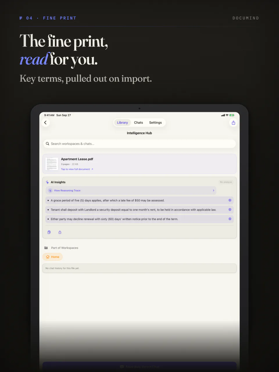 The DocuMind Intelligence Hub on iPad pulling the key terms out of an apartment lease