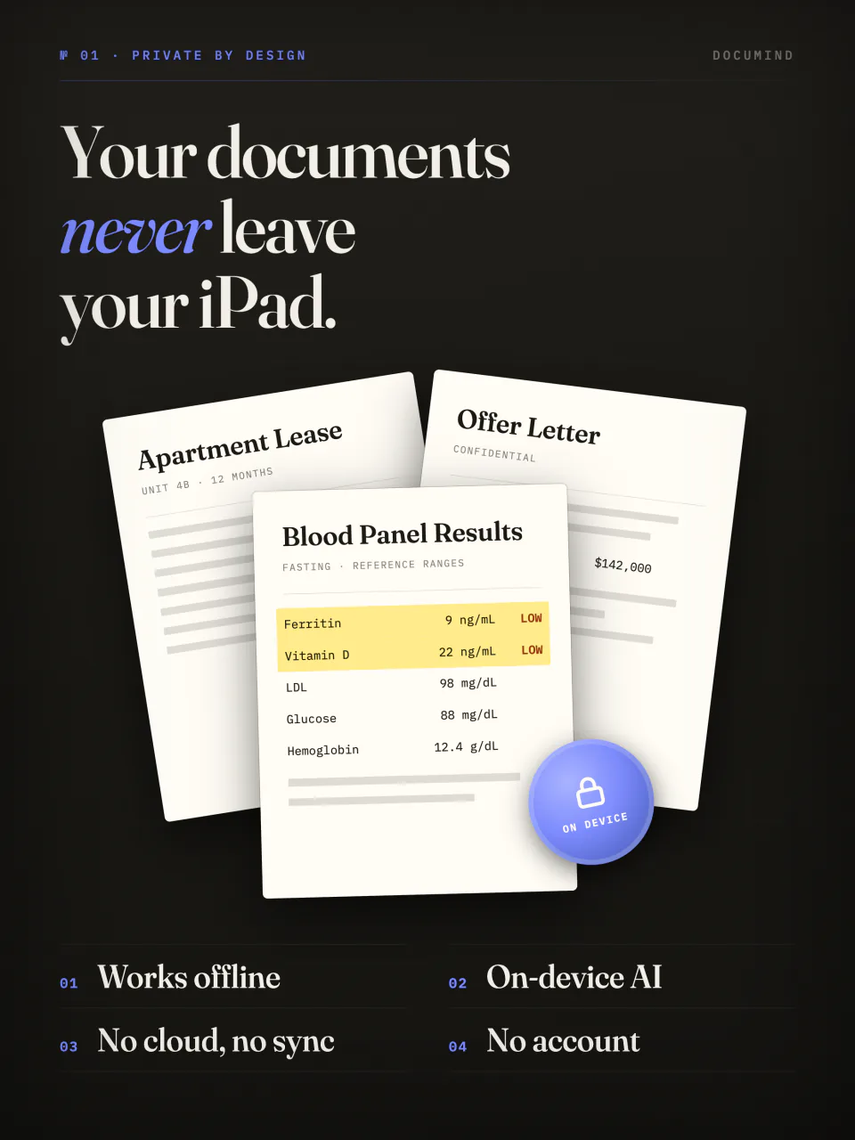 DocuMind on iPad: a lease, an offer letter and blood panel results that never leave your iPad