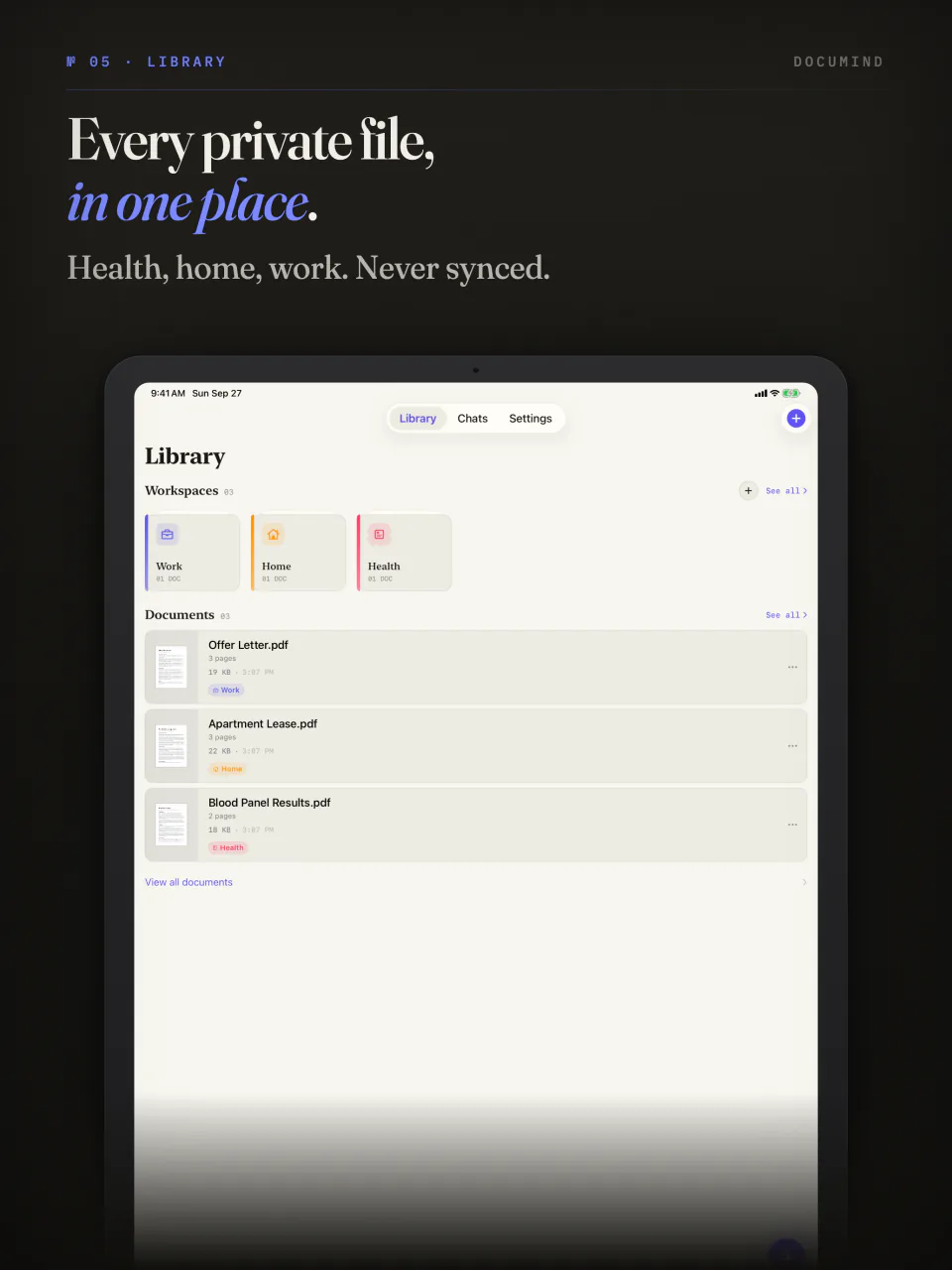 The DocuMind library on iPad with Work, Home and Health workspaces and recent documents