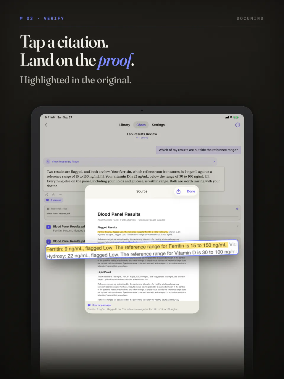 A tapped citation in DocuMind on iPad opening the original page with the quoted line highlighted
