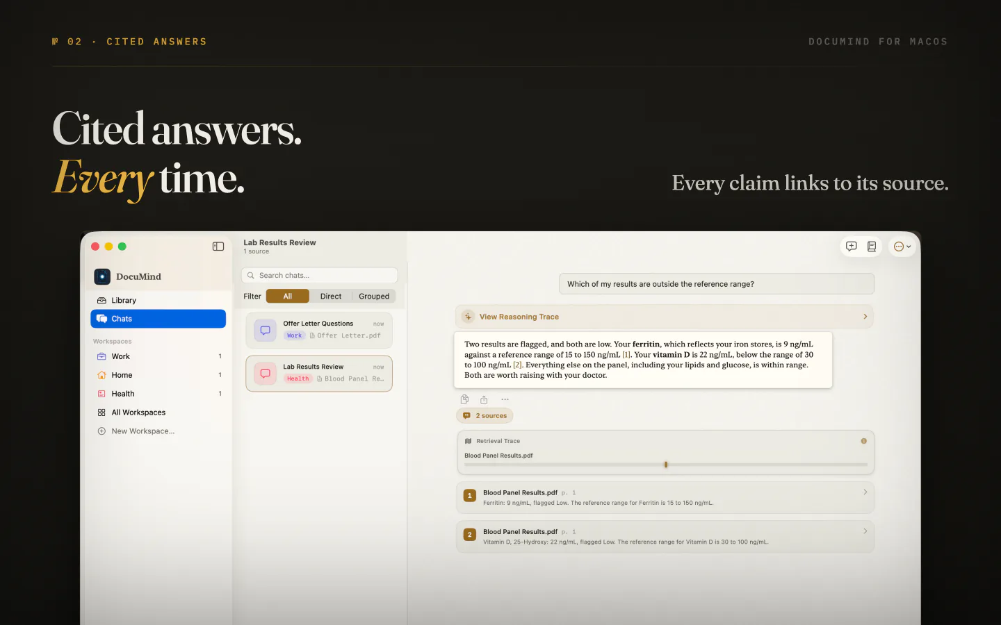 DocuMind on Mac answering a question about lab results, with every claim linked to its source