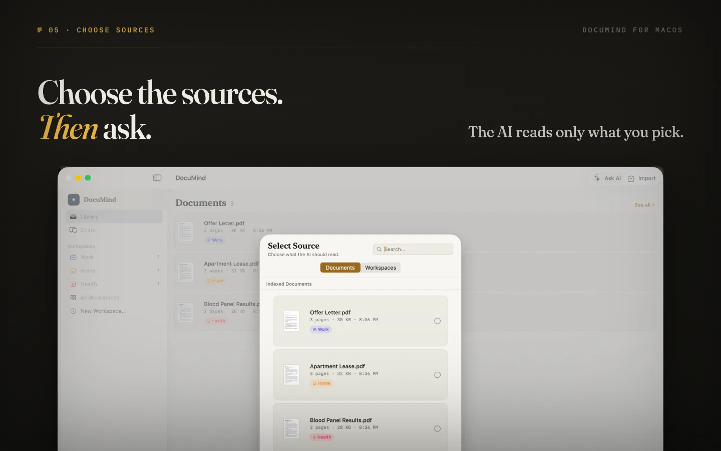 Choosing which documents DocuMind on Mac reads before you ask a question