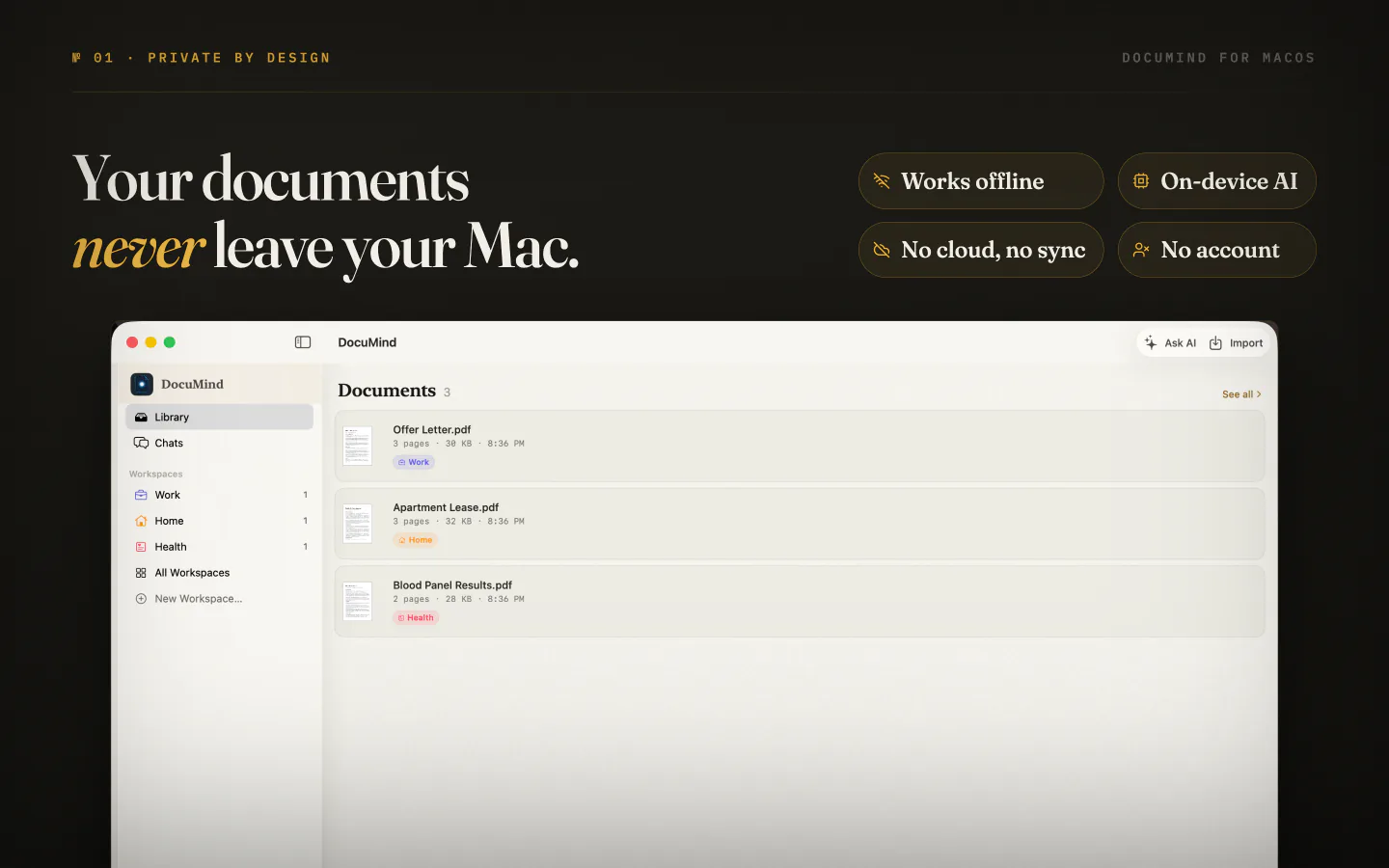 DocuMind on Mac: your documents never leave your Mac, with the library of PDFs on screen