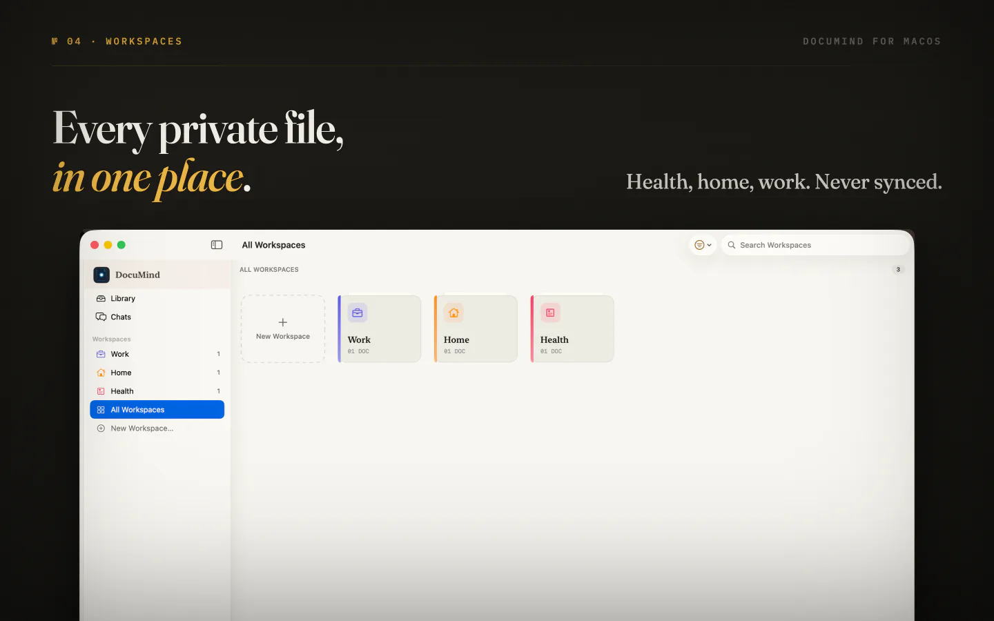 DocuMind workspaces on Mac for Work, Home and Health, kept private and never synced