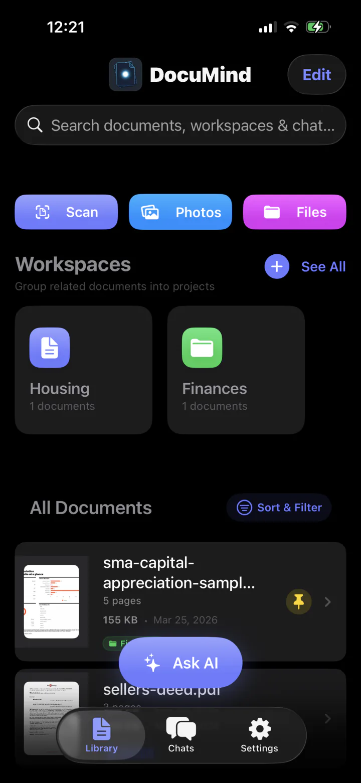 DocuMind privacy overview showing all document processing stays on-device