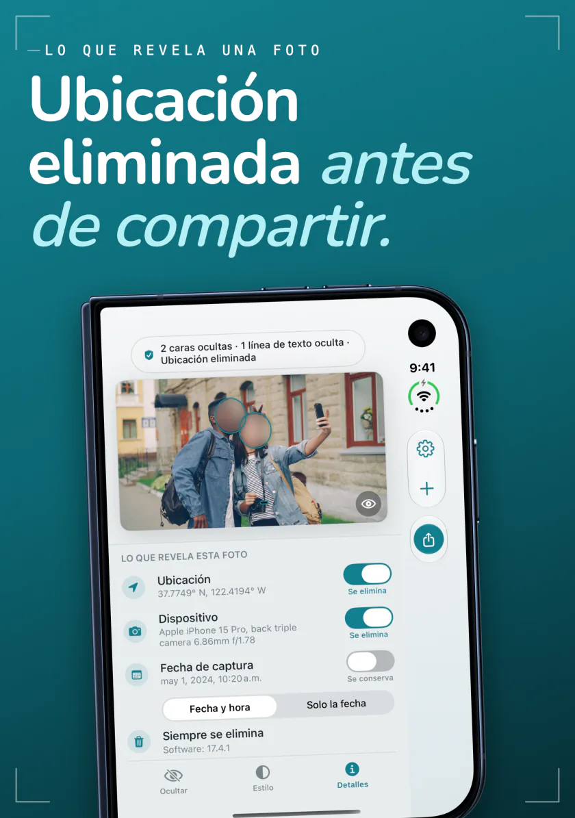Frost en iPhone Duo con la ubicación, el dispositivo y la fecha de una foto, cada uno con un interruptor para eliminarlo