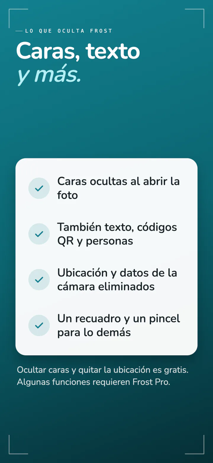 Lo que oculta Frost: caras al abrir la foto, texto, códigos QR y personas, ubicación y datos de la cámara, con un recuadro y un pincel para todo lo demás