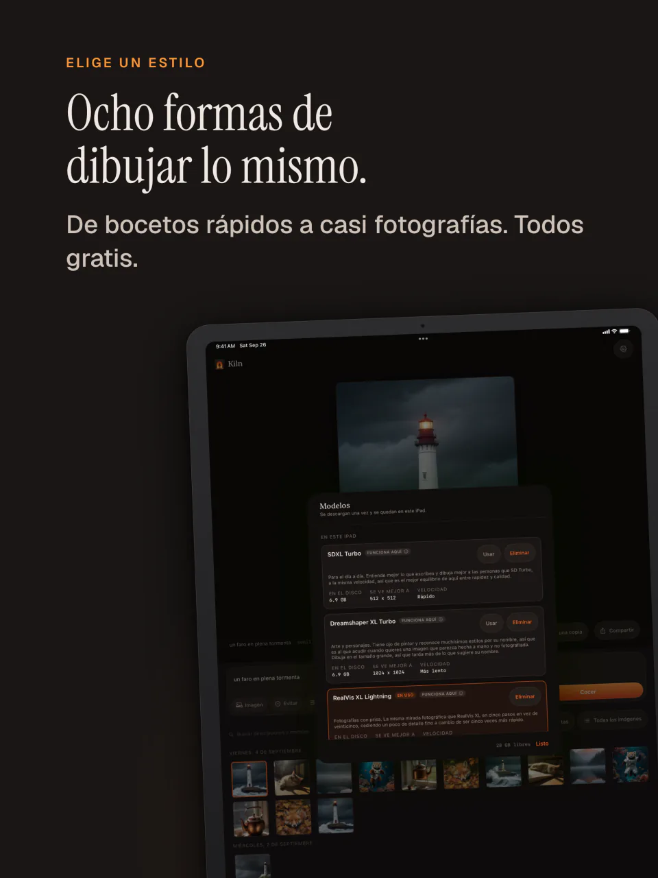 La lista de modelos de Kiln en el iPad con ocho modelos gratuitos