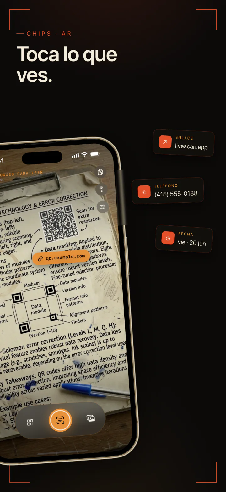 LiveScan leyendo un código QR y una página impresa, con botones para un enlace, un teléfono y una fecha