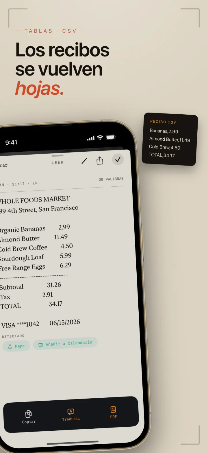 Un ticket del supermercado capturado por LiveScan y reconstruido en filas y columnas para exportarlo como CSV