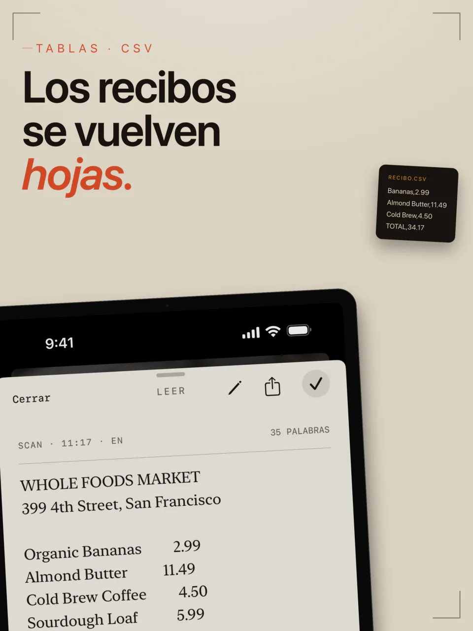 Un ticket del supermercado capturado por LiveScan en iPad y reconstruido en filas y columnas para exportarlo como CSV