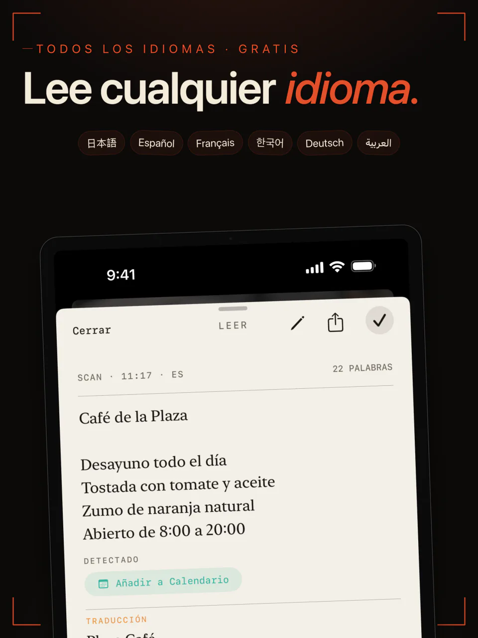 LiveScan en iPad leyendo la carta de un café en español, con japonés, español, francés, coreano, alemán y árabe entre sus idiomas