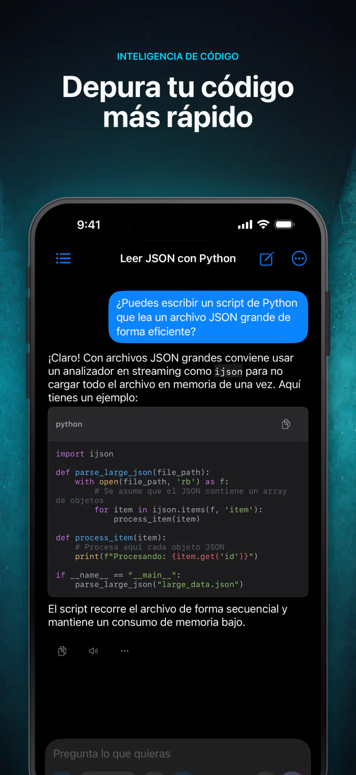 LocalMind AI escribiendo código con resaltado de sintaxis con un modelo de IA local