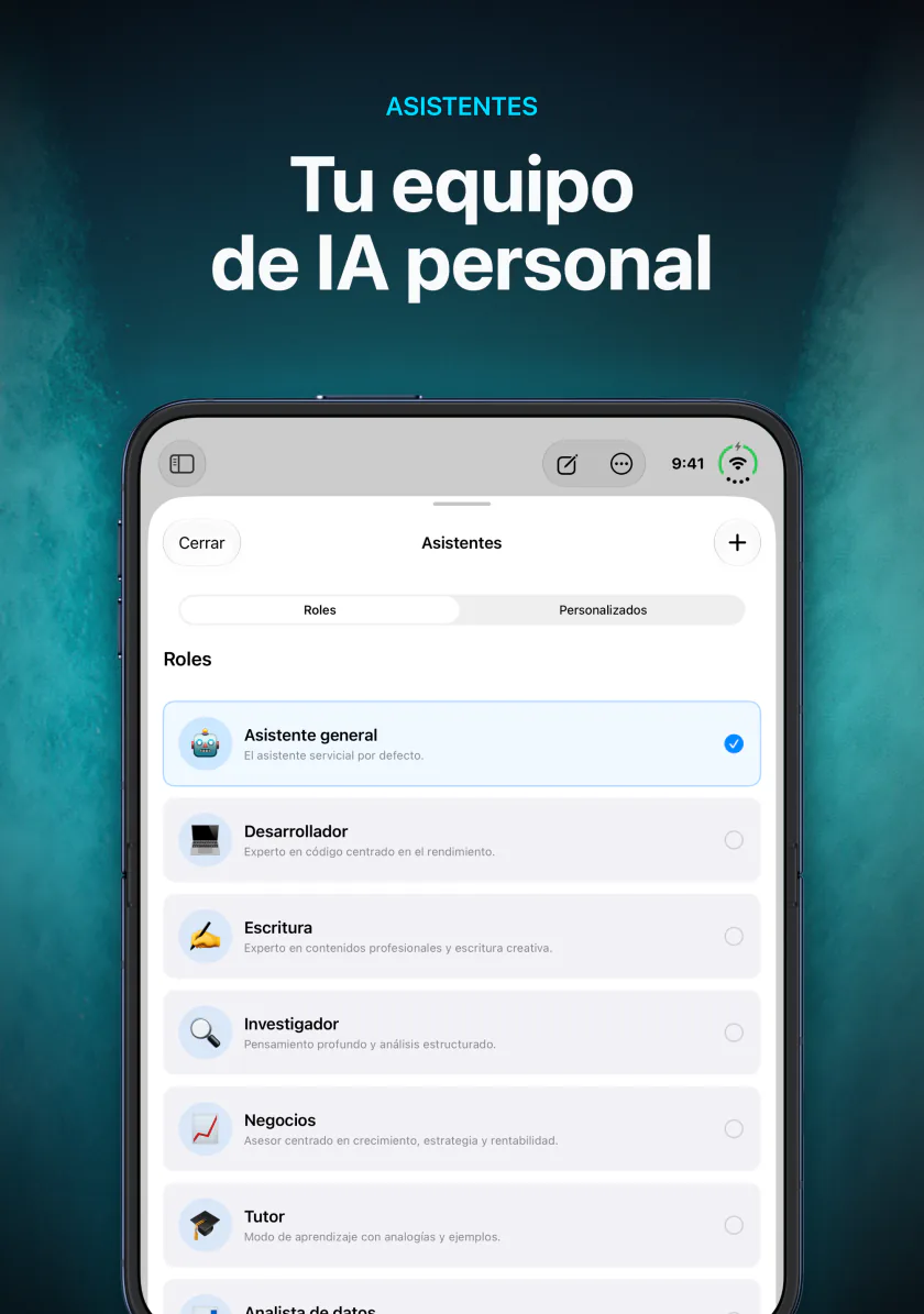Elegir un asistente como General, Desarrollador, Escritura o Investigador en LocalMind AI en iPhone Duo