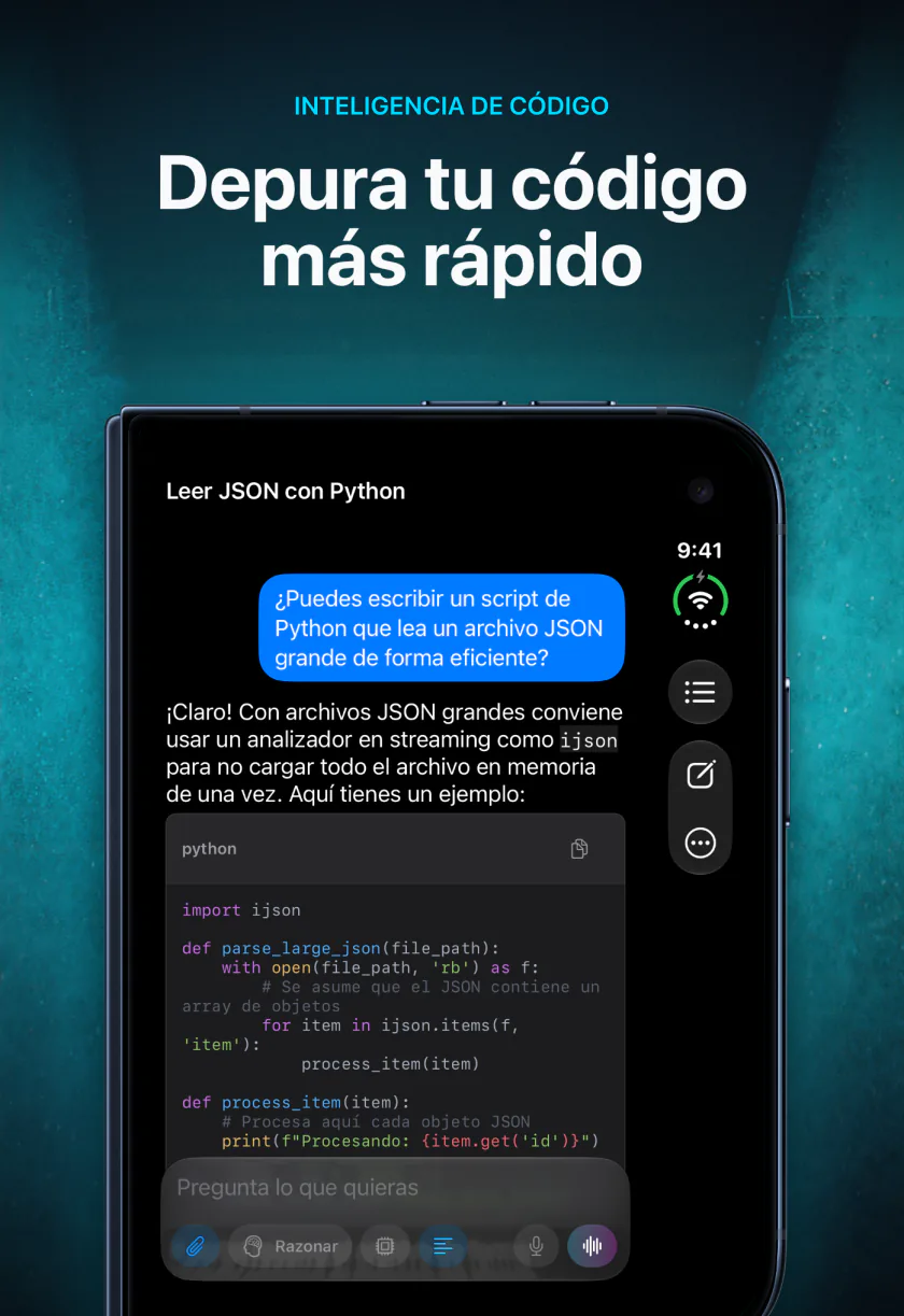 LocalMind AI en la pantalla exterior del iPhone Duo escribiendo código Python para leer un archivo JSON grande