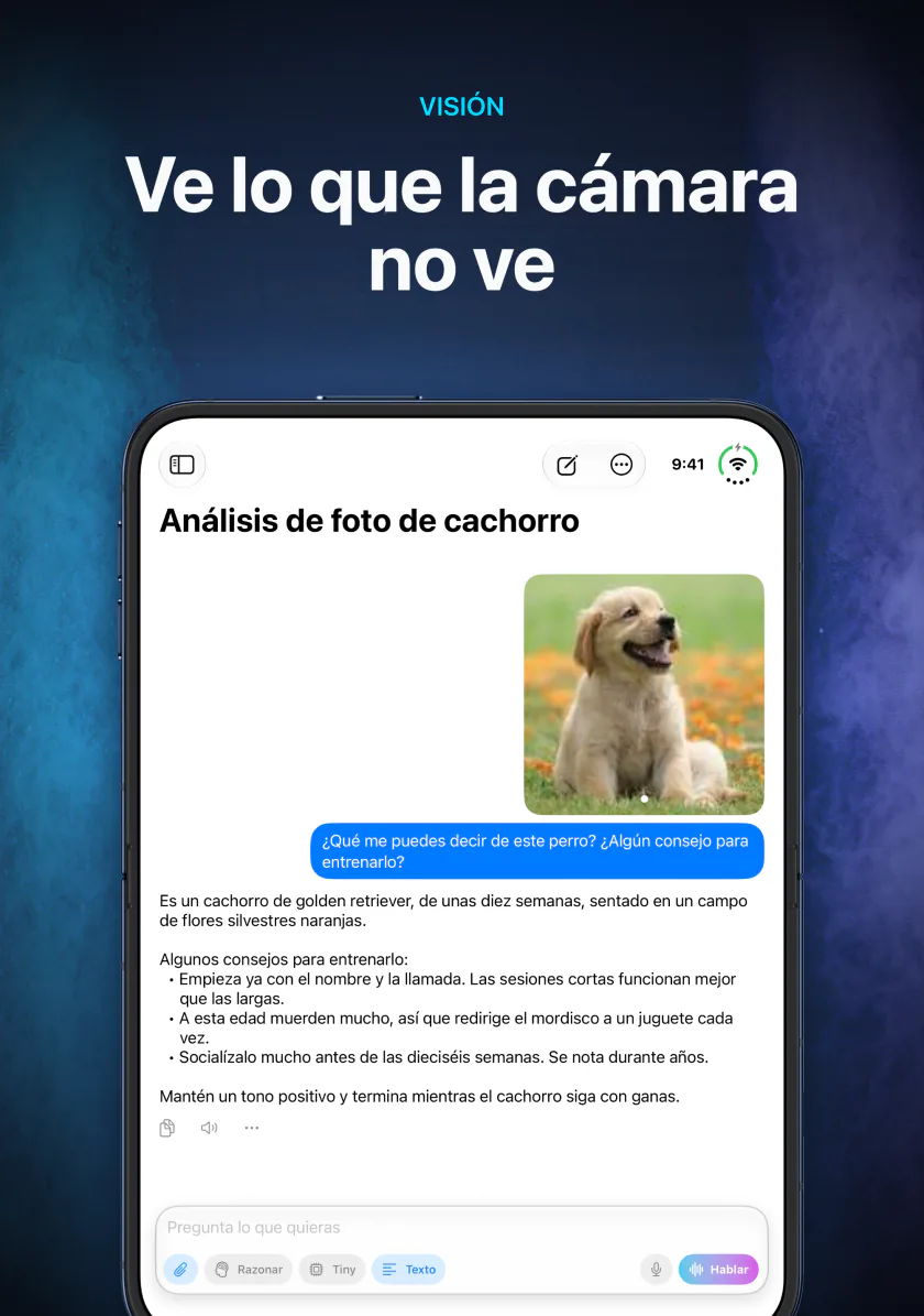 LocalMind AI en iPhone Duo describiendo la foto adjunta de un cachorro, todo en el dispositivo