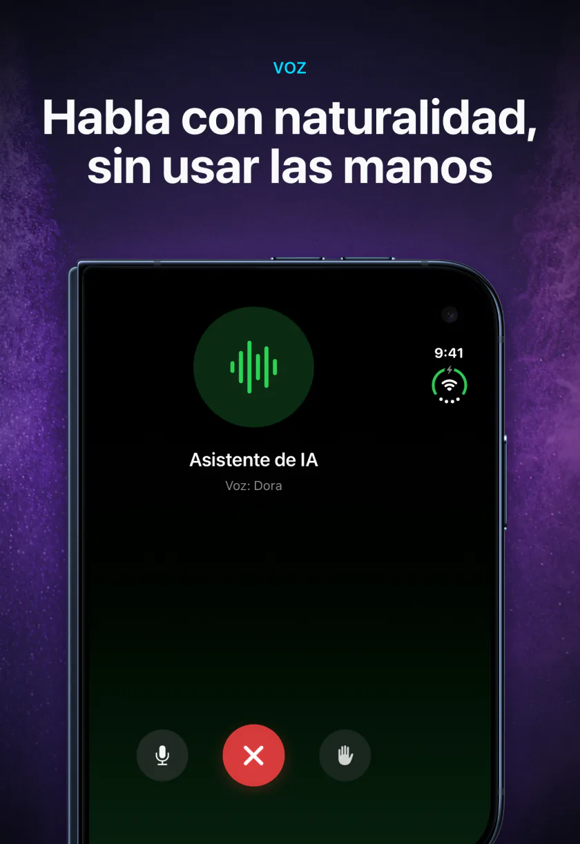 Una conversación por voz sin manos con una IA sin conexión en LocalMind AI, en la pantalla exterior del iPhone Duo