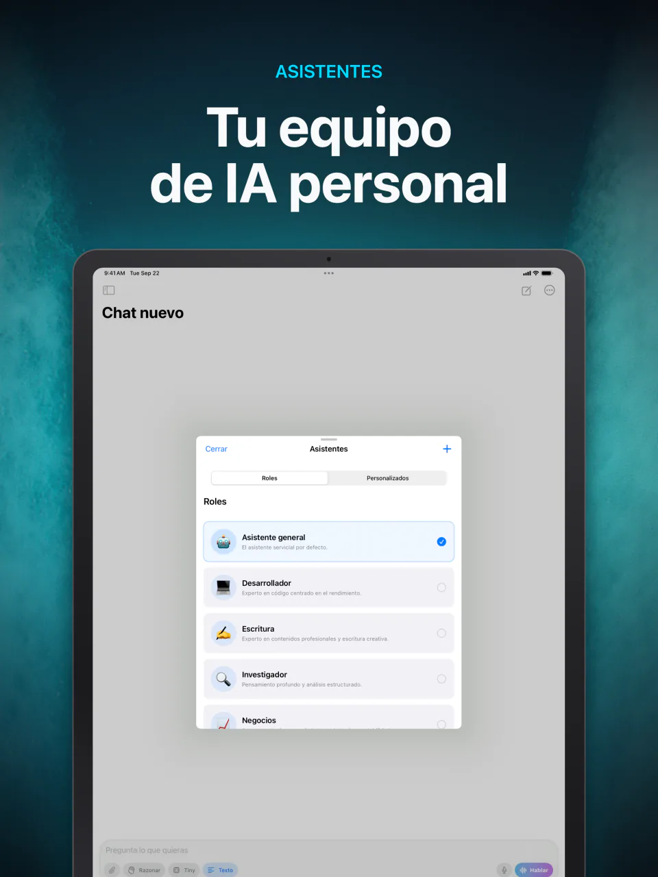 Asistentes de IA personalizados como Desarrollador, Escritura y Tutor en LocalMind AI