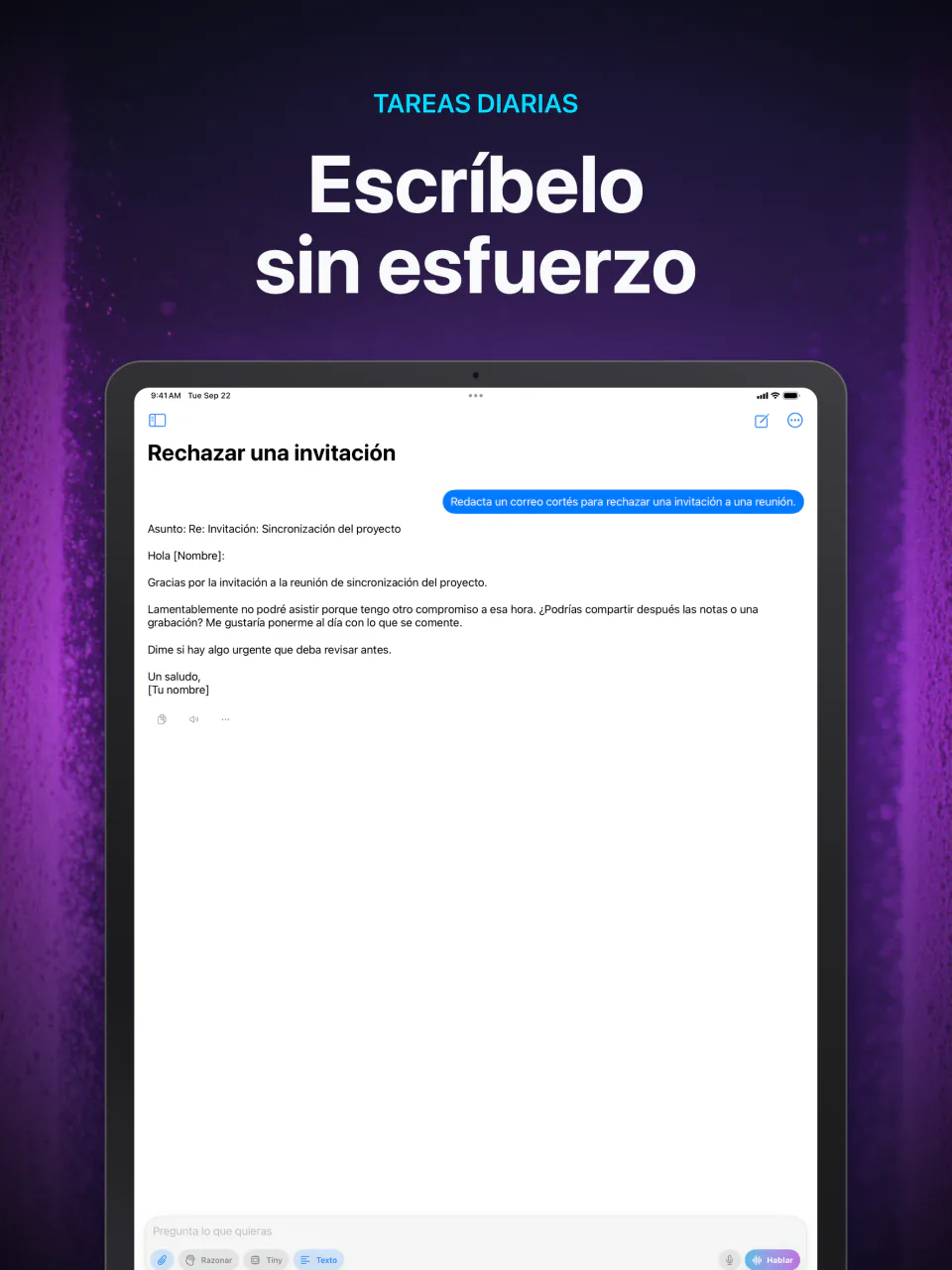Un chat sin conexión con un modelo de IA local en LocalMind AI en el iPad