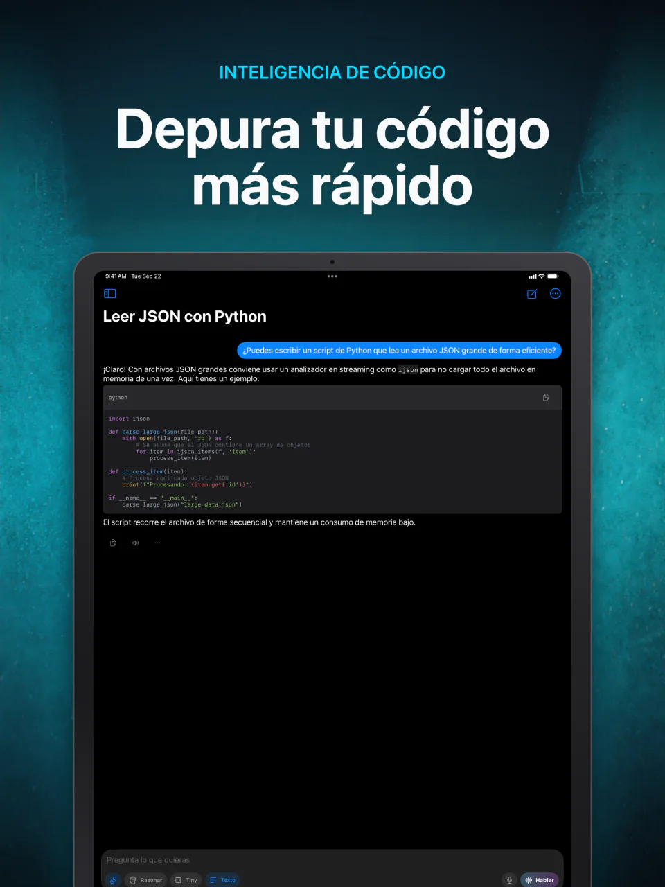 LocalMind AI escribiendo código con resaltado de sintaxis con un modelo de IA local