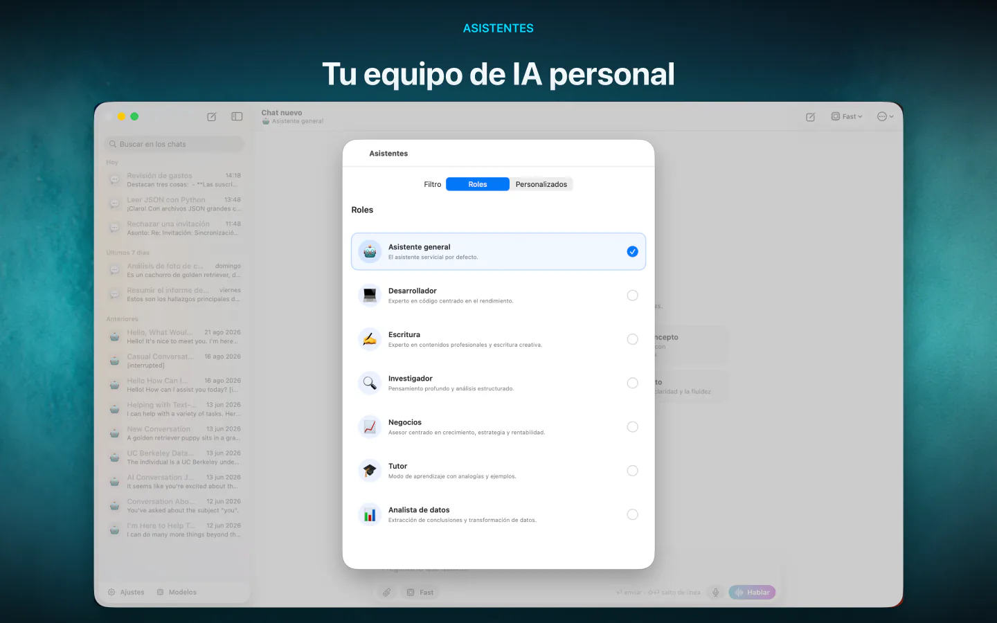 Elegir un asistente como General, Desarrollador, Escritura o Investigador en LocalMind AI en Mac