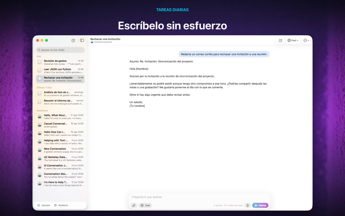 LocalMind AI en Mac redactando un correo amable para rechazar una reunión, con la lista de chats al lado