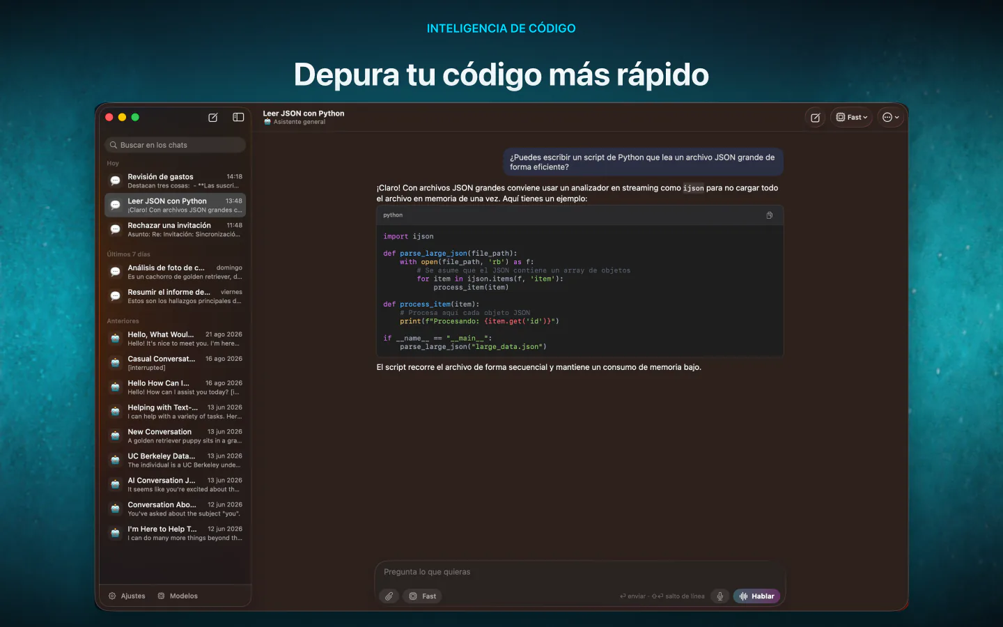 LocalMind AI en Mac escribiendo código Python para leer un archivo JSON grande