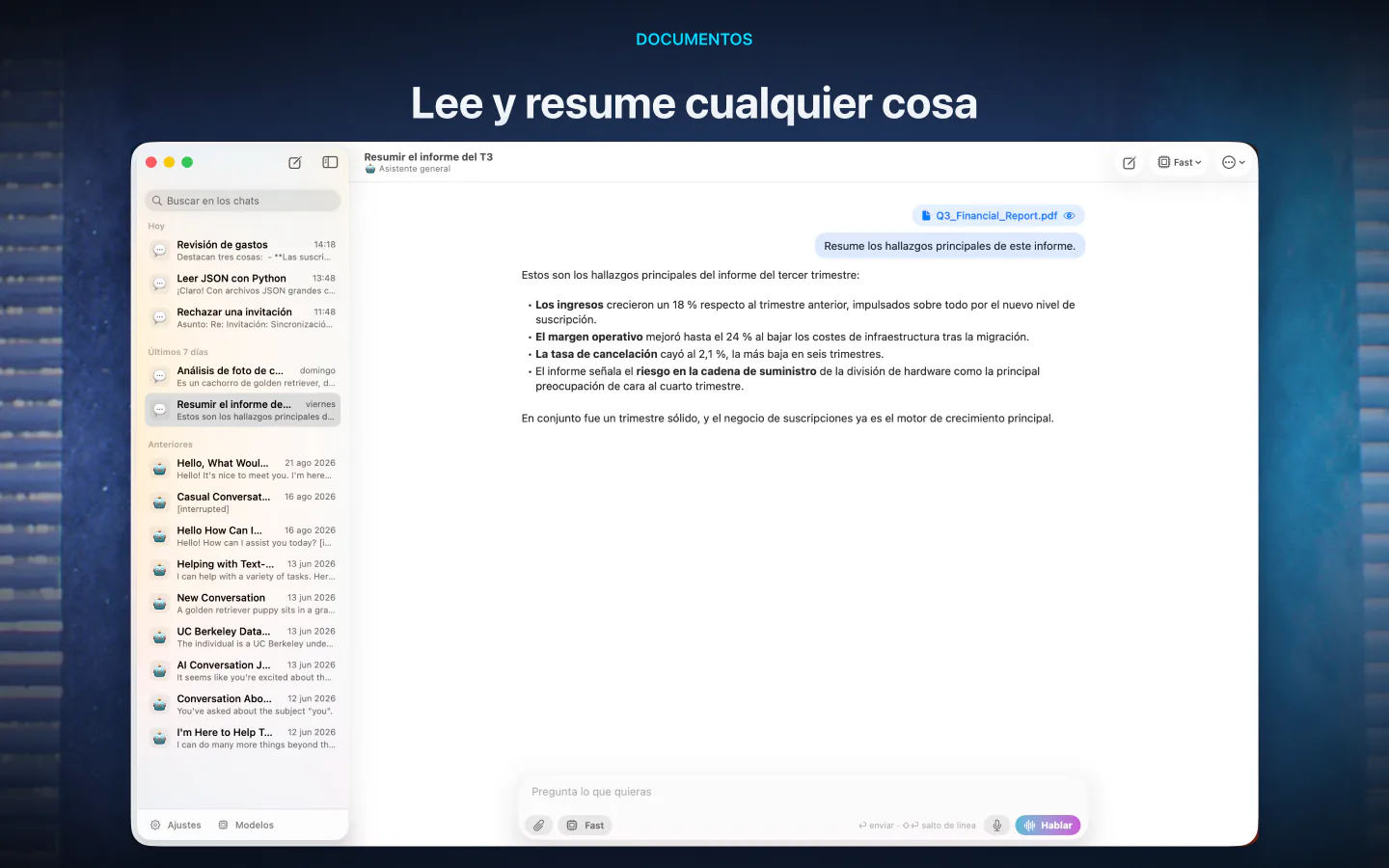 LocalMind AI en Mac resumiendo en el dispositivo las conclusiones clave de un informe trimestral