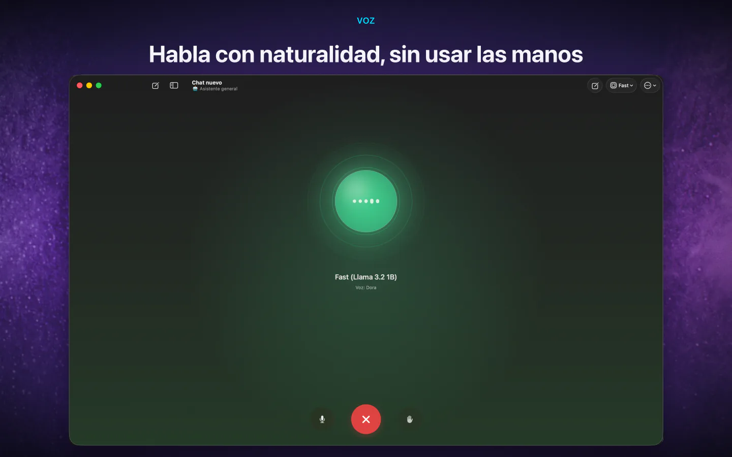 Una conversación por voz sin manos con una IA sin conexión en LocalMind AI en Mac