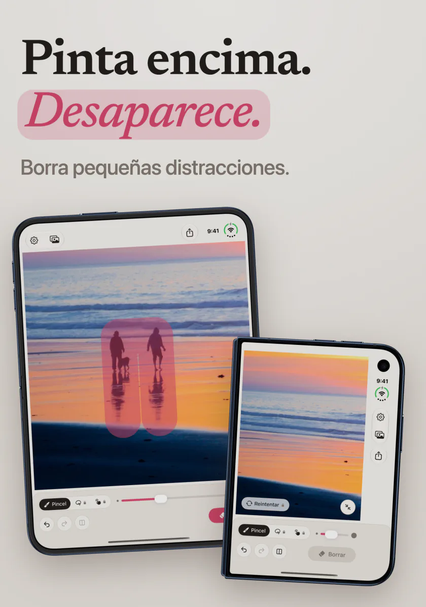 Mend en iPhone Duo con dos personas pintadas de rosa en una playa al atardecer, y la misma playa sin ellas