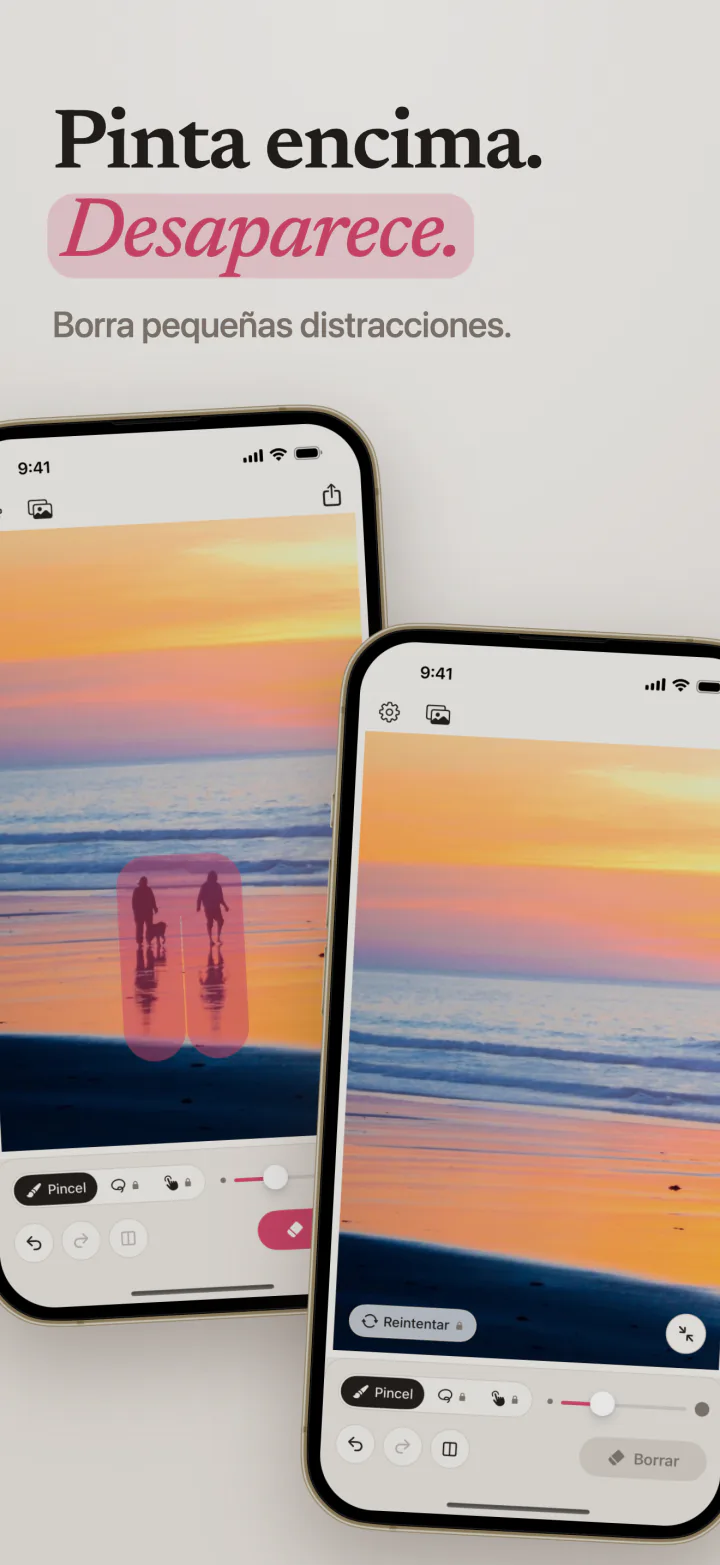 Mend en iPhone con dos personas pintadas de rosa en una playa al atardecer, y la misma playa sin ellas