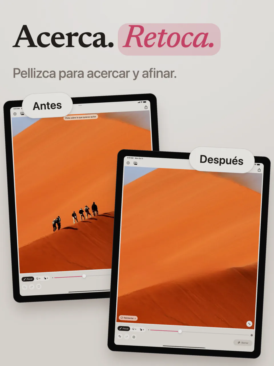 Una foto de excursionistas en una duna naranja antes y después de que Mend en iPad los borrara