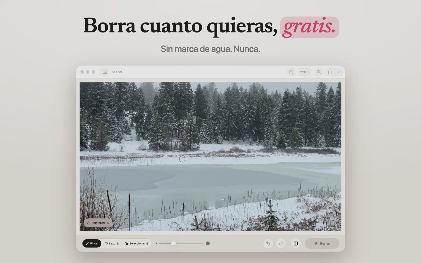 Mend en Mac con un lago nevado, sin marca de agua en el resultado