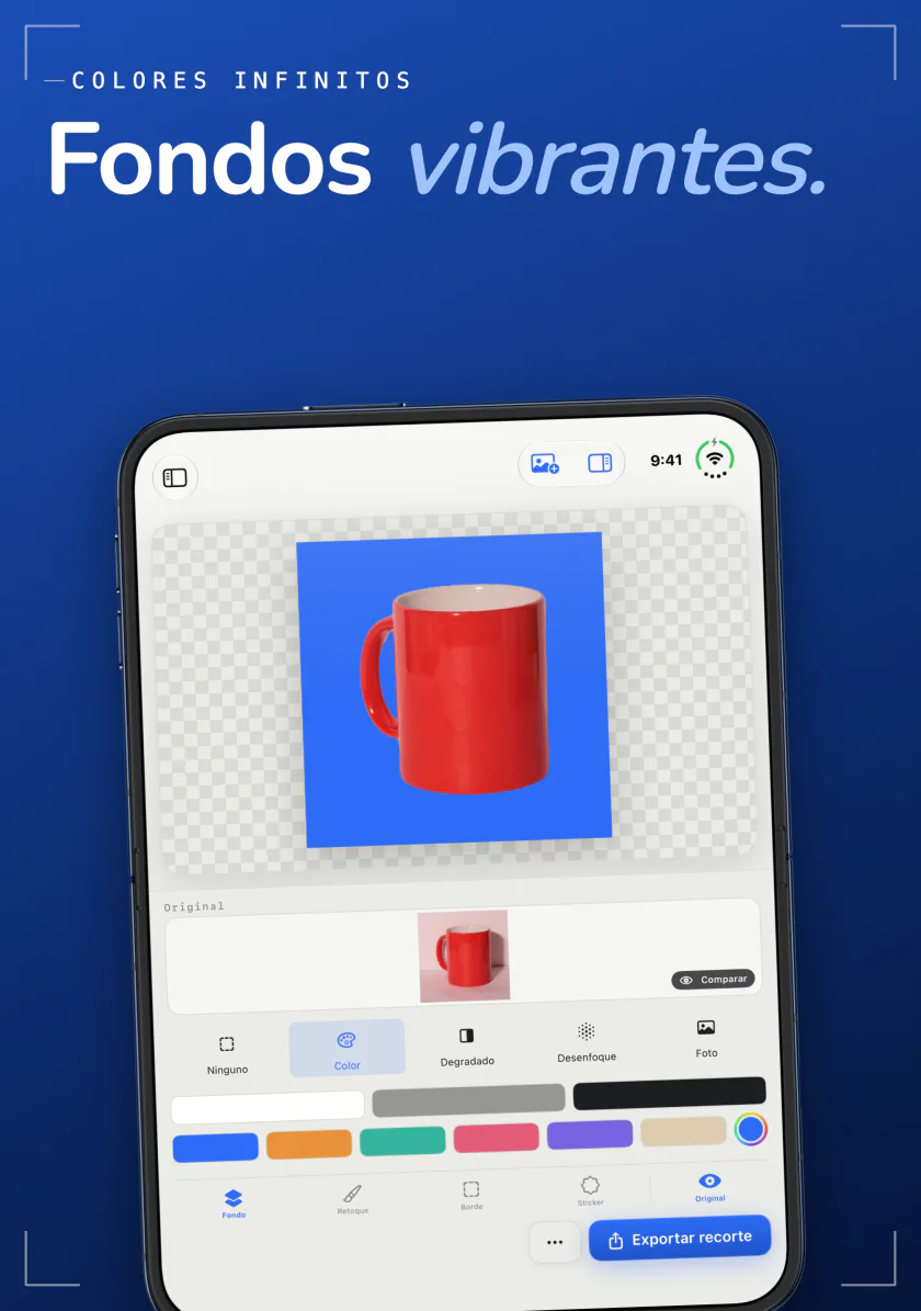 Sweep en el iPhone colocando una taza roja sobre un fondo azul liso, con una fila de muestras de color