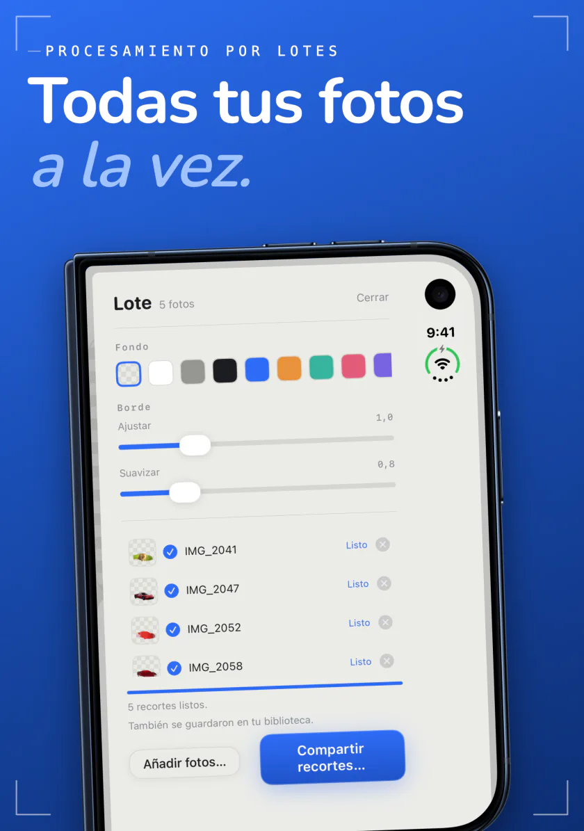 El procesamiento por lotes de Sweep en el iPhone con cinco fotos recortadas en una sola pasada