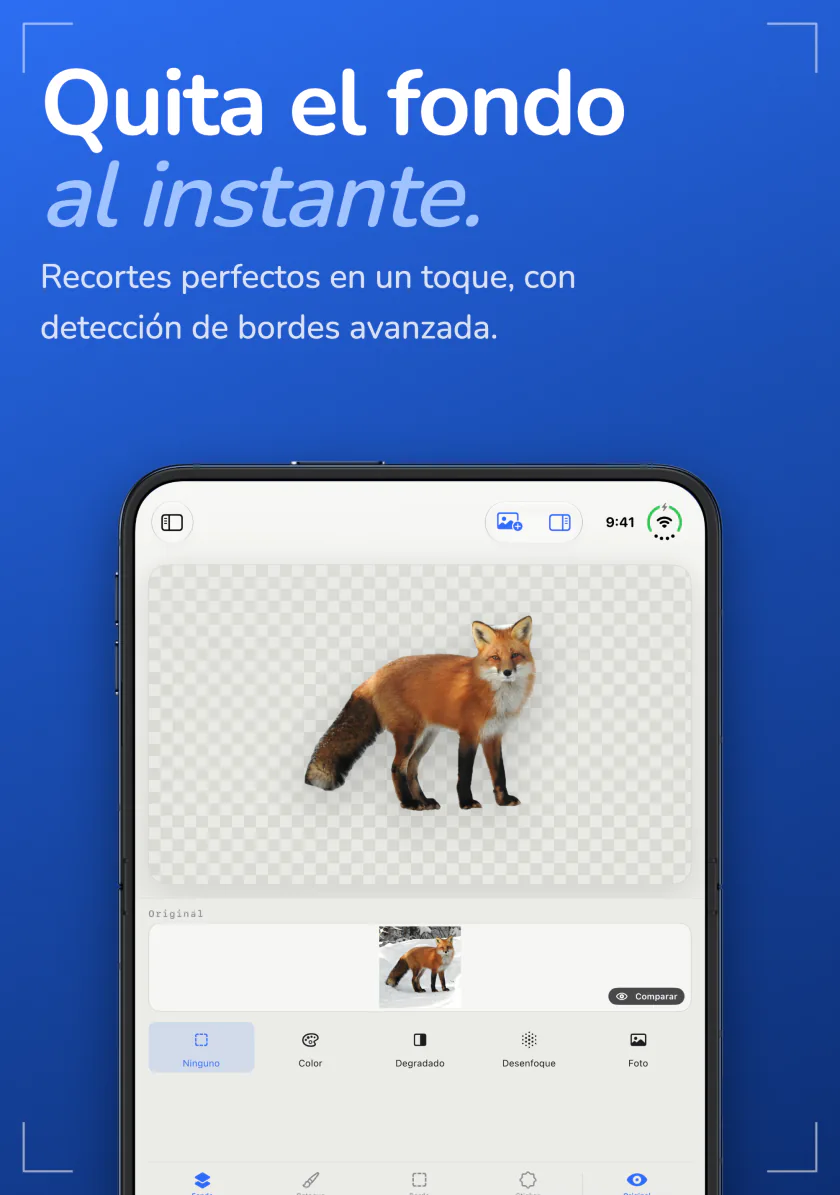 Sweep en el iPhone mostrando un zorro recortado de su foto sobre un fondo transparente