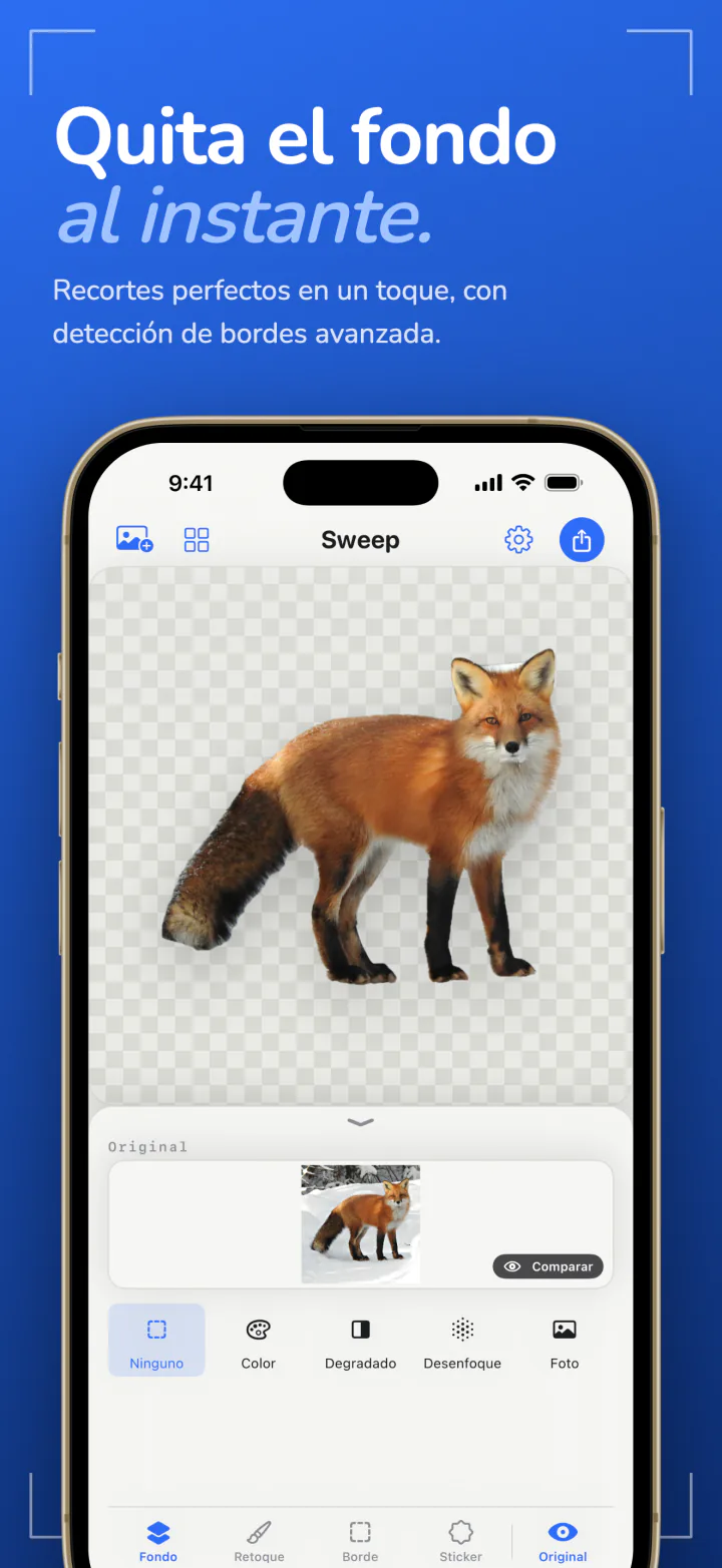 Sweep en el iPhone mostrando un zorro recortado de su foto sobre un fondo transparente