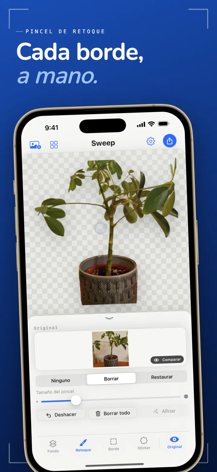 El pincel de retoque de Sweep en el iPhone con los modos Borrar y Restaurar, limpiando el borde de una planta en maceta