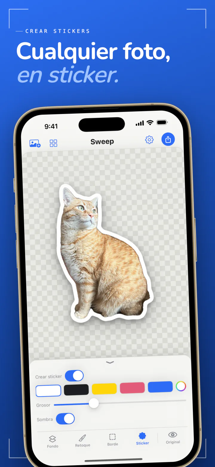 El creador de stickers de Sweep en el iPhone convirtiendo un gato en un sticker con contorno blanco