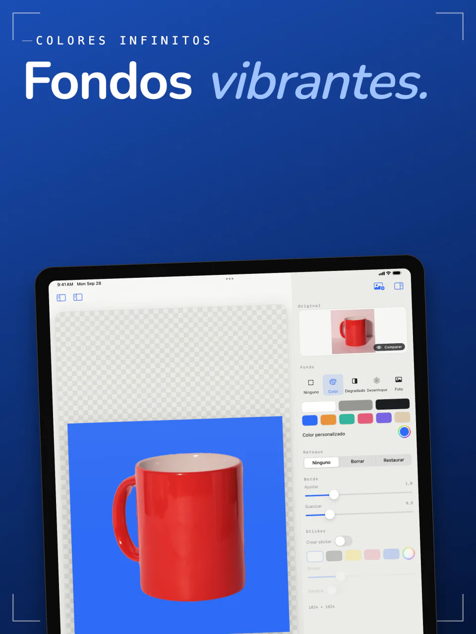 Sweep en el iPad colocando una taza roja sobre un fondo azul liso, con una fila de muestras de color