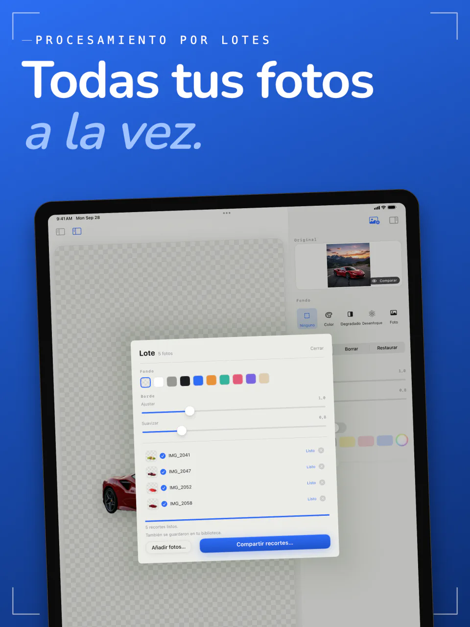 El procesamiento por lotes de Sweep en el iPad con cinco fotos recortadas en una sola pasada