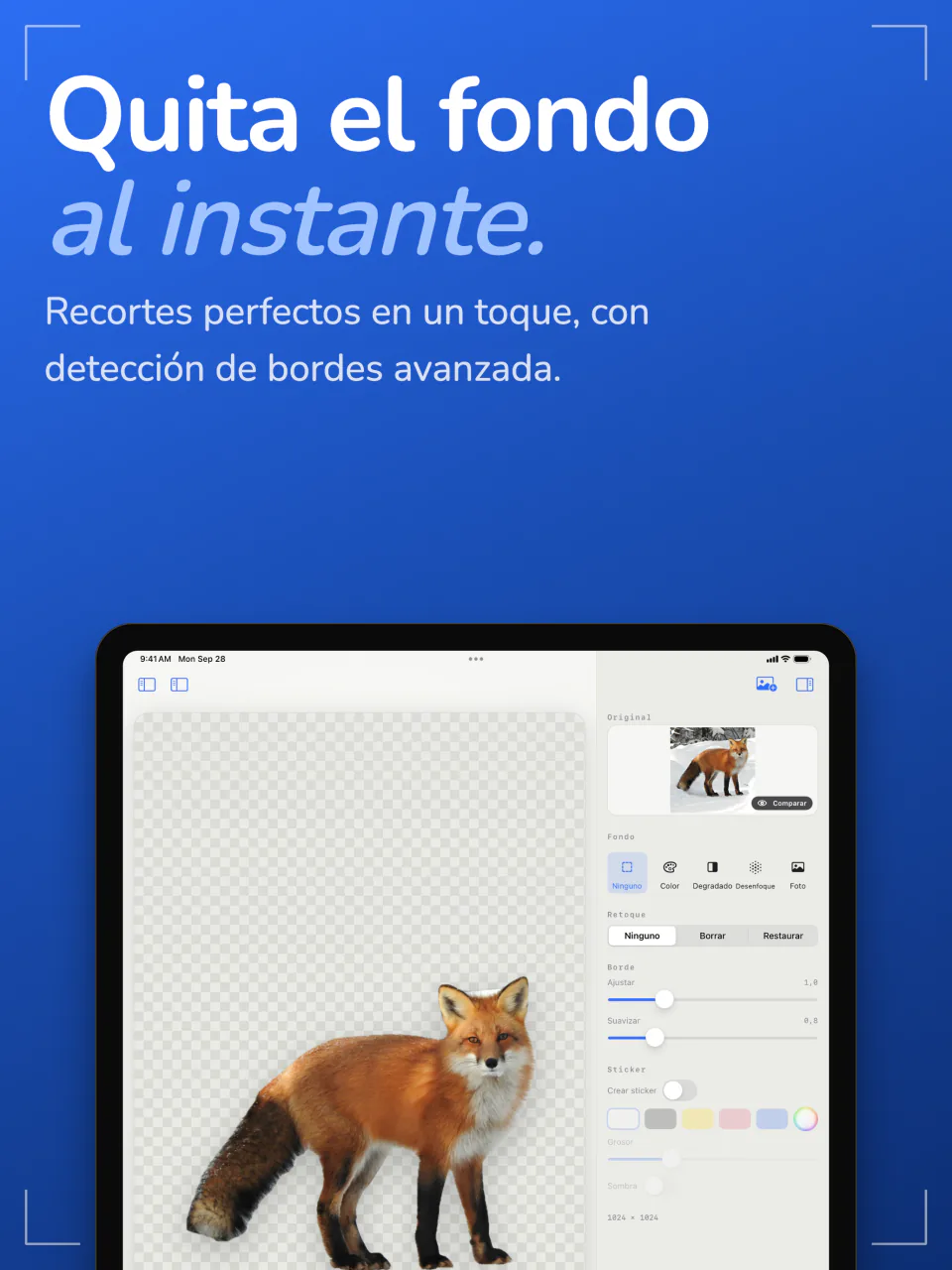Sweep en el iPad mostrando un zorro recortado de su foto sobre un fondo transparente