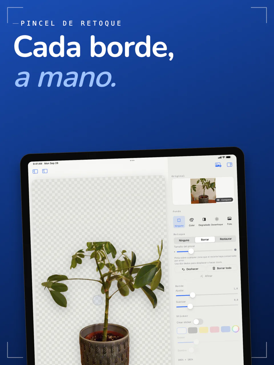 El pincel de retoque de Sweep en el iPad con los modos Borrar y Restaurar, limpiando el borde de una planta en maceta
