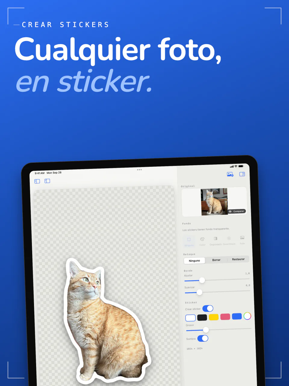 El creador de stickers de Sweep en el iPad convirtiendo un gato en un sticker con contorno blanco