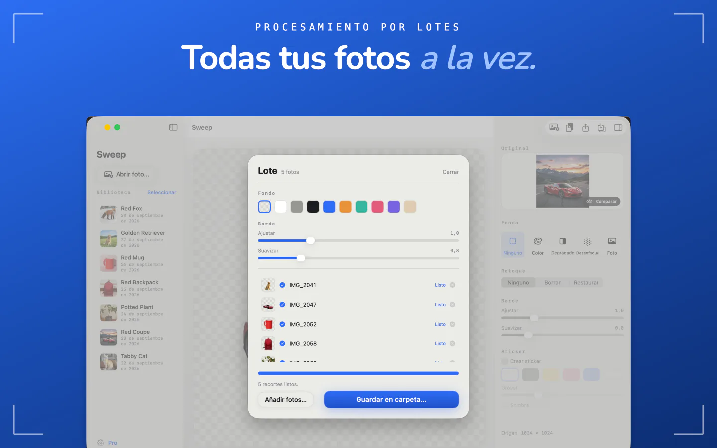 El procesamiento por lotes de Sweep en el Mac con cinco fotos recortadas y un botón para guardar en una carpeta