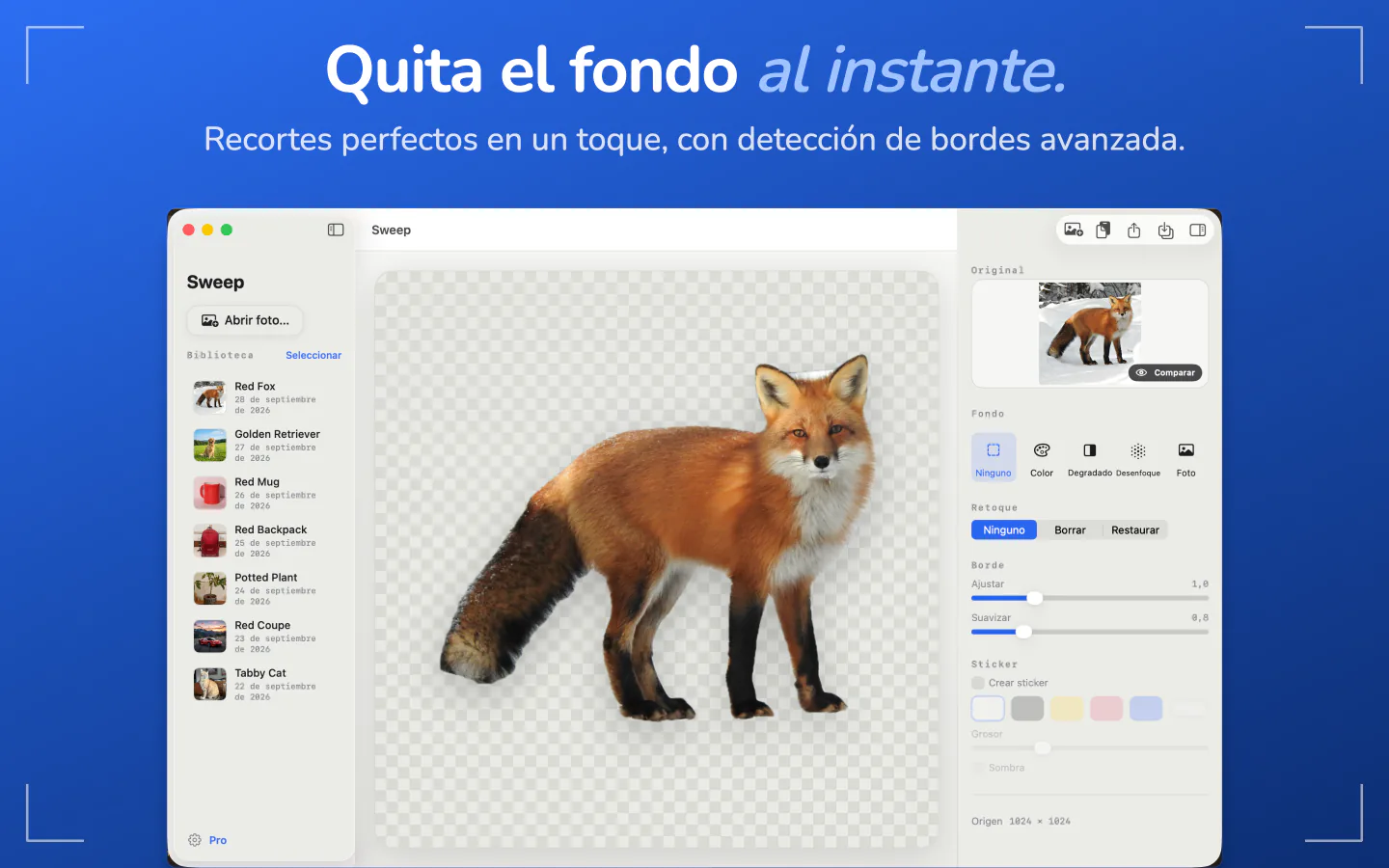 Sweep en el Mac mostrando un zorro recortado sobre un fondo transparente, con la biblioteca a la izquierda y los controles a la derecha