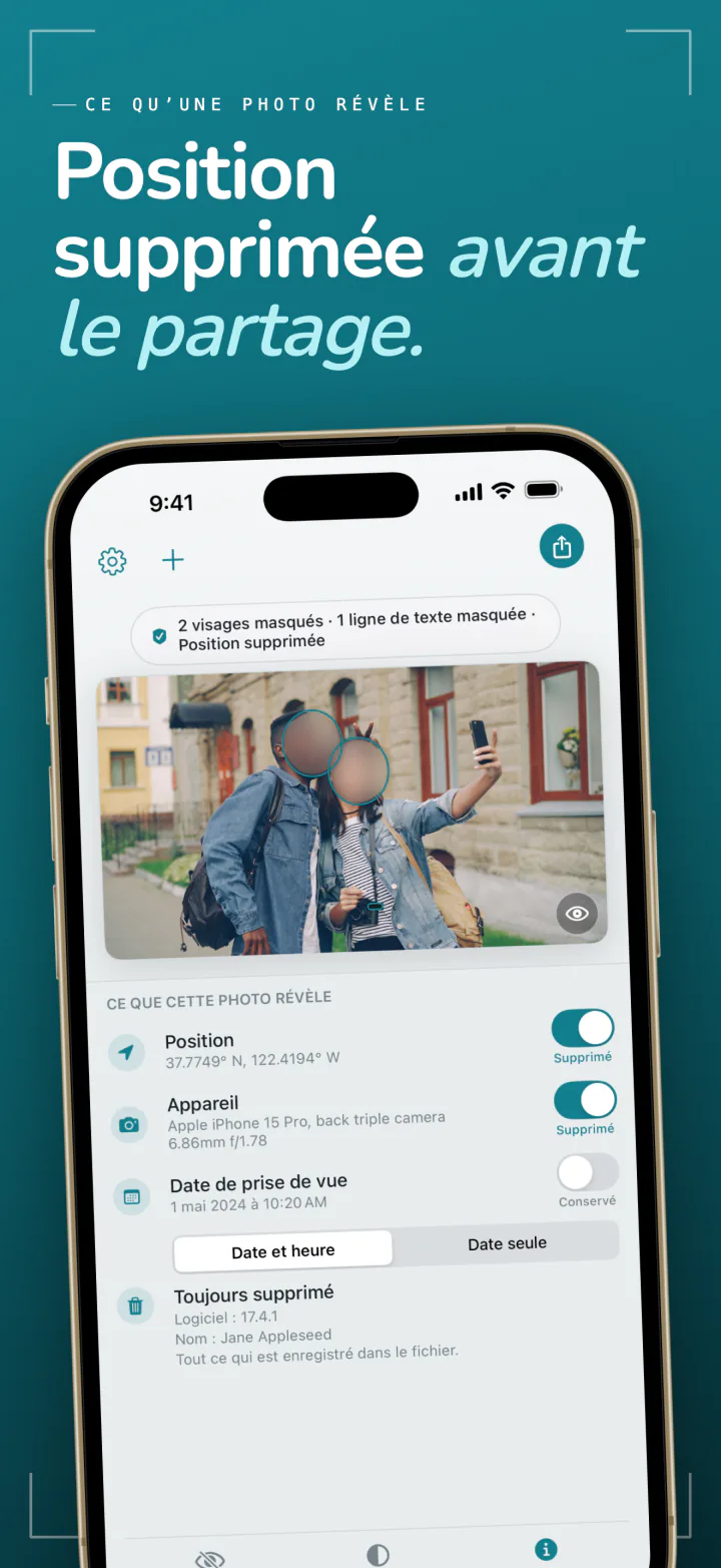 Frost sur iPhone avec la position, l’appareil et la date d’une photo, chacun avec un interrupteur pour le retirer