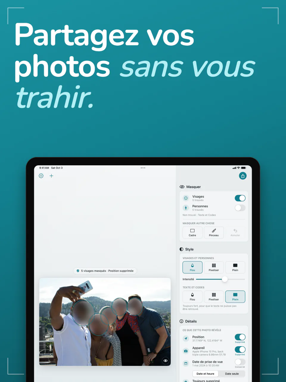 Frost sur iPad avec un selfie de groupe aux visages floutés, à côté des panneaux Masquer, Style et Détails