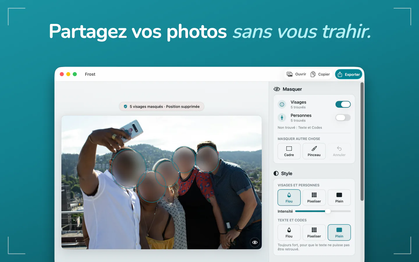 Frost sur Mac avec une photo de groupe, les visages floutés et la position retirée