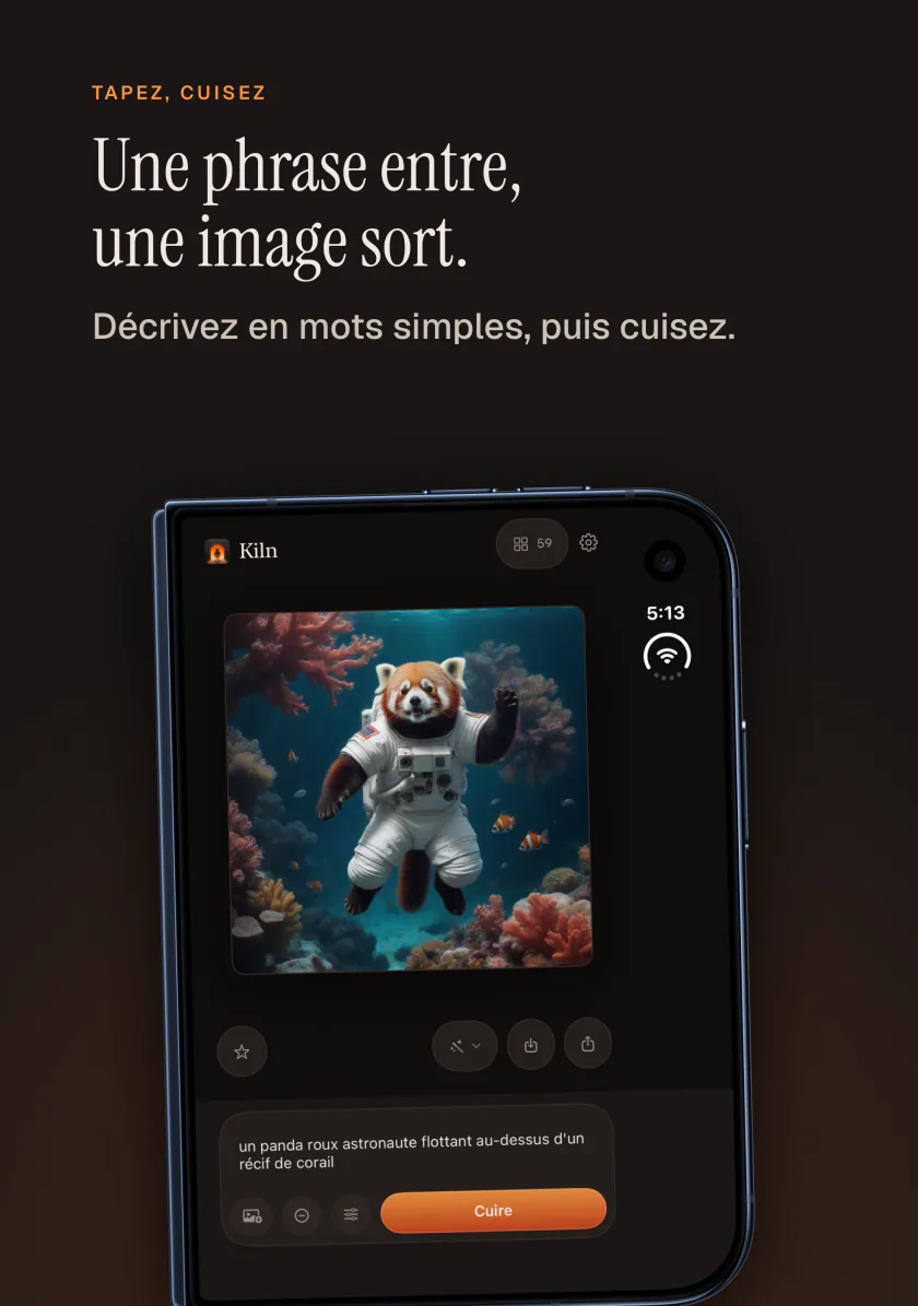 Kiln sur iPhone : une phrase entre, une image sort, ici un panda roux astronaute